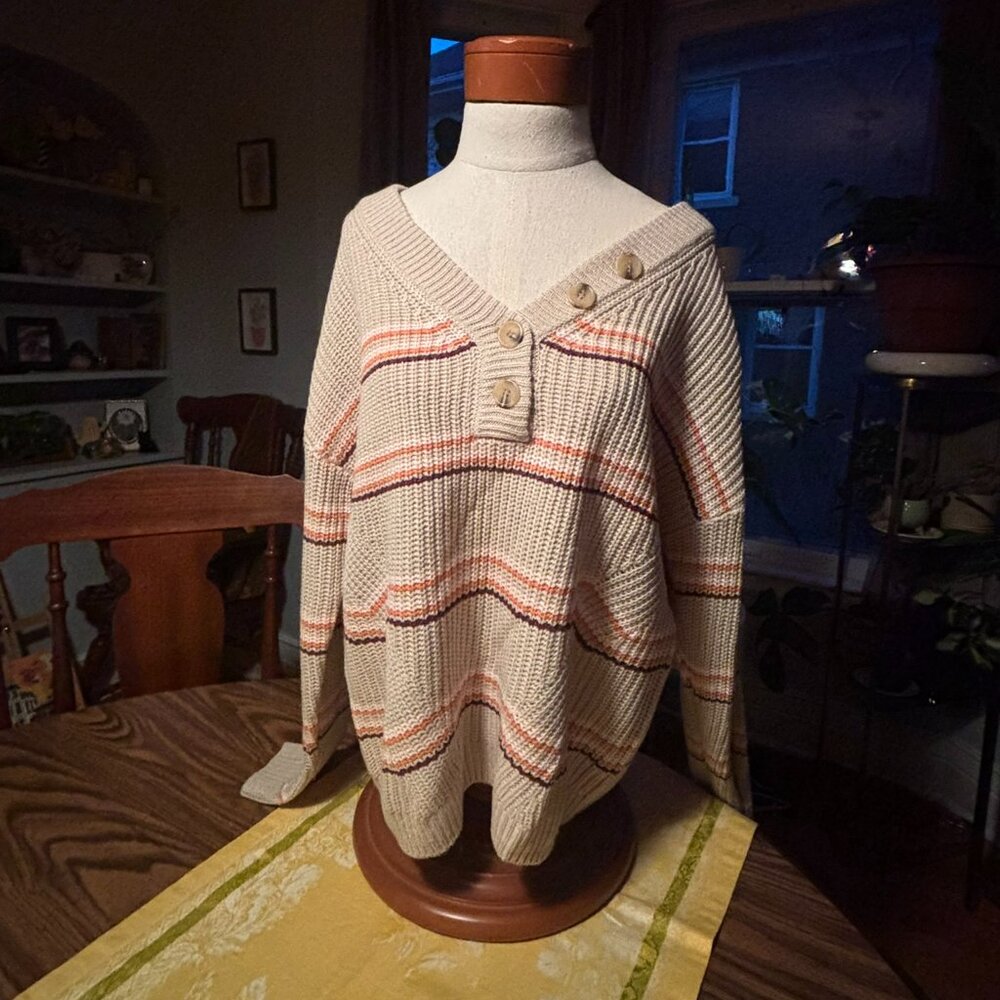 NEW Maurices Striped V-Neck Button Henley Sweater (Size XL)